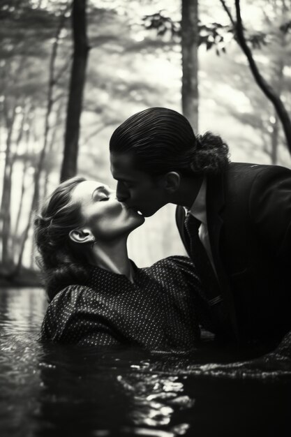 Portrait de couple s'embrassant en noir et blanc