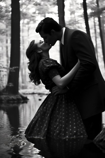 Portrait de couple s'embrassant en noir et blanc