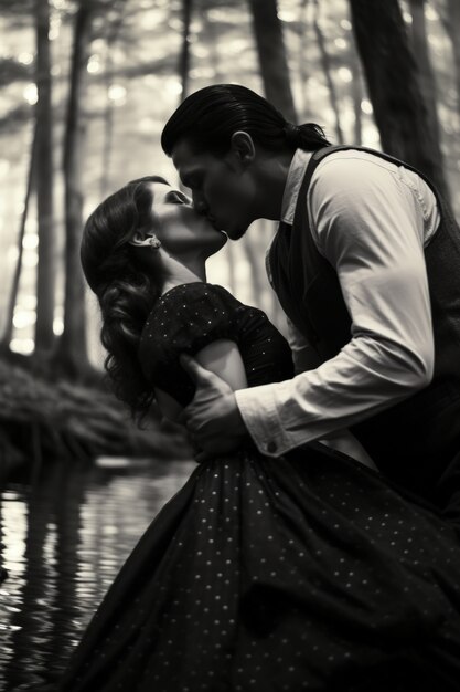 Portrait de couple s'embrassant en noir et blanc