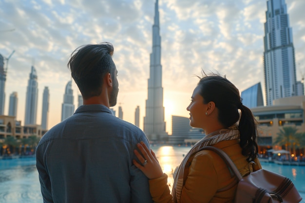 Portrait d'un couple en visite dans la ville luxueuse de Dubaï