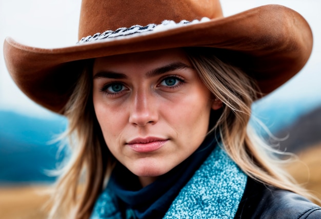 Photo gratuite portrait de cow-boy à la lumière du jour avec un fond de paysage flou