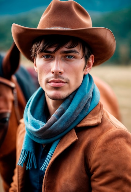 Photo gratuite portrait de cow-boy à la lumière du jour avec un fond de paysage flou