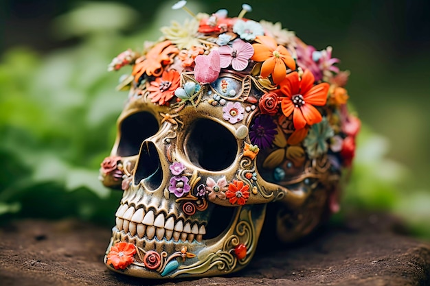 Portrait de crâne de squelette humain avec des fleurs