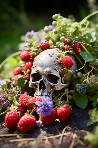 Portrait de crâne de squelette humain avec des fraises