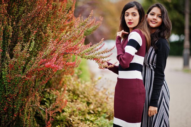 Portrait de deux belles jeunes adolescentes indiennes ou sud-asiatiques en robe posées près des buissons