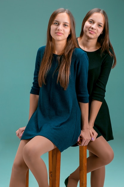 Photo gratuite portrait de deux belles jeunes femmes jumelles