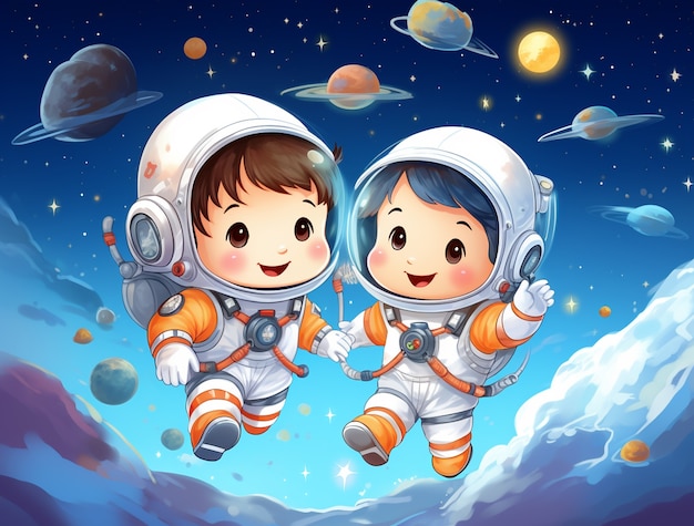 Portrait de deux enfants astronautes en combinaison spatiale