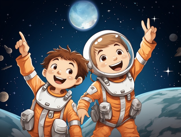 Portrait de deux enfants astronautes en combinaison spatiale