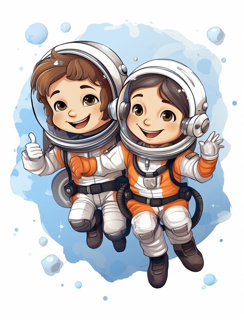 Portrait de deux enfants astronautes dans le style des dessins animés