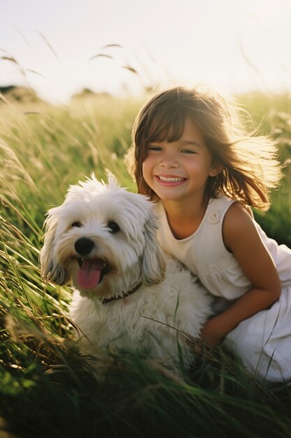 Portrait d'un enfant adorable avec son chien sur le terrain