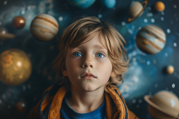 Photo gratuite portrait d'un enfant autiste dans un monde fantastique