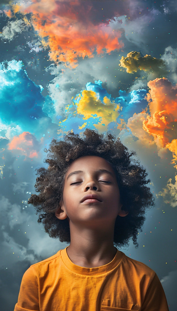 Photo gratuit portrait d'un enfant autiste dans un monde fantastique
