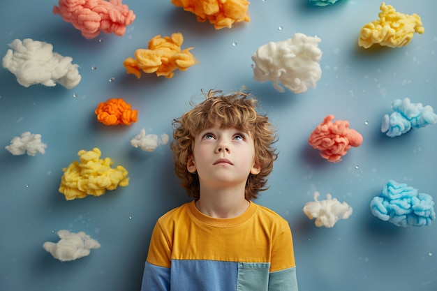 Photo gratuite portrait d'un enfant autiste dans un monde fantastique