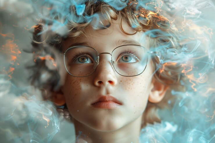 Photo gratuit portrait d'un enfant autiste dans un monde fantastique