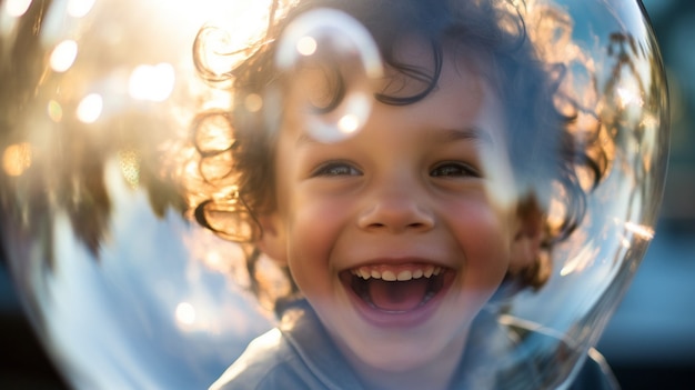 Portrait d'un enfant avec une bulle transparente