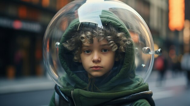 Portrait d'un enfant avec une bulle transparente