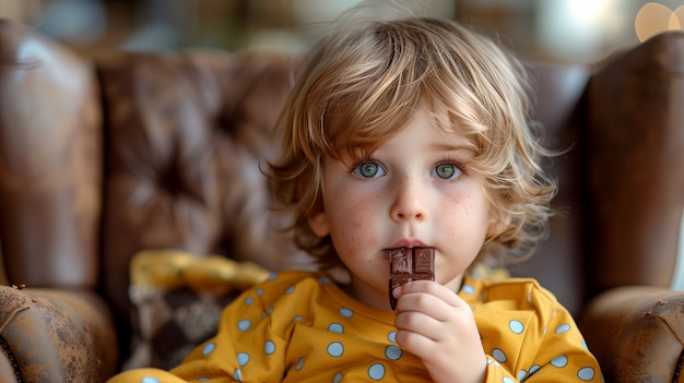 Portrait d'un enfant heureux mangeant un délicieux chocolat