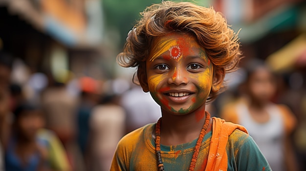 Portrait d'un enfant indien avec de la poudre colorée