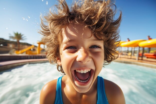 Portrait d'enfant souriant au toboggan aquatique