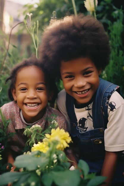 Photo gratuite portrait d'enfants adorables dans le jardin