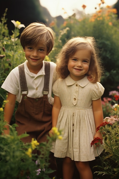 Photo gratuite portrait d'enfants adorables dans le jardin