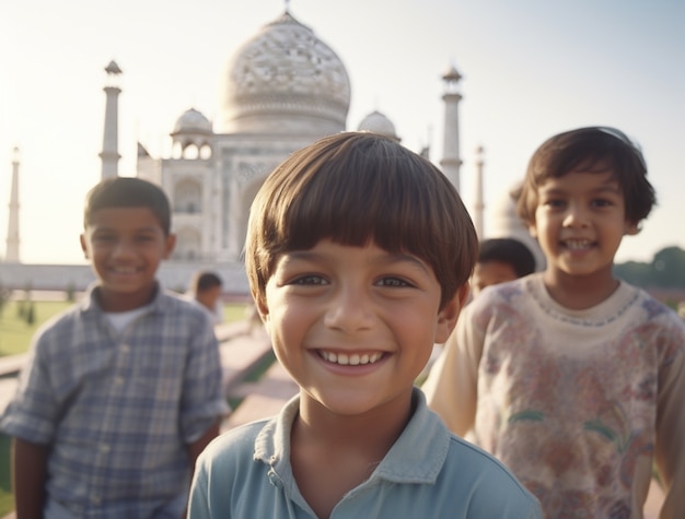 Portrait d'enfants près du Taj Mahal