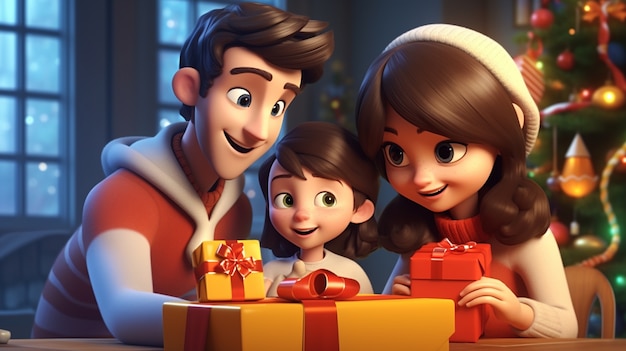 Portrait de famille de style dessin animé célébrant Noël