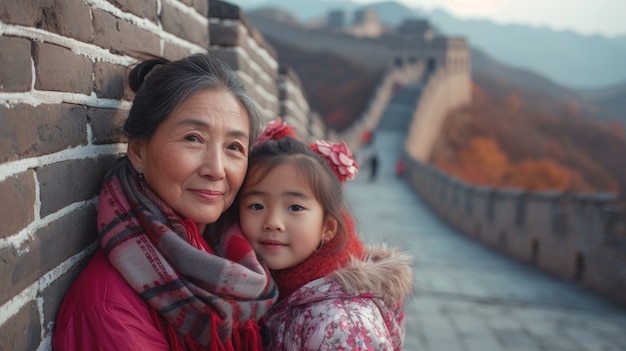 Photo gratuite portrait d'une famille de touristes visitant la grande muraille de chine