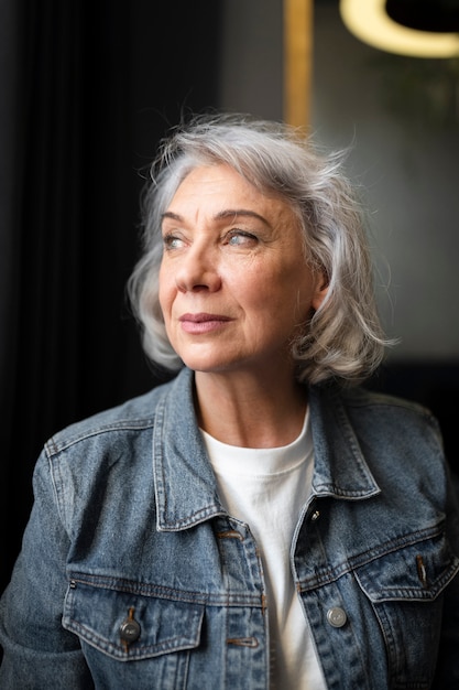 Photo gratuite portrait d'une femme âgée lors d'un rassemblement dans un café