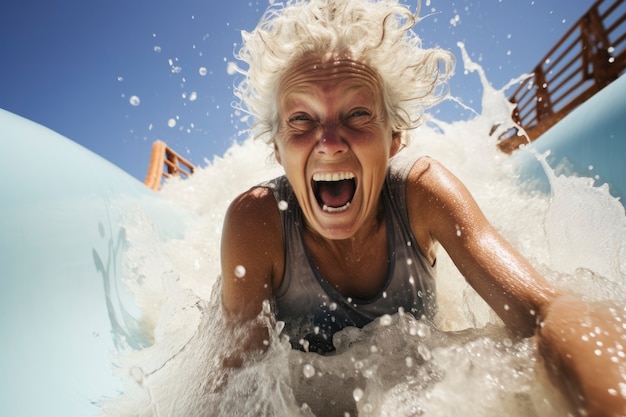 Photo gratuite portrait d'une femme âgée qui rit au toboggan aquatique