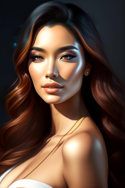Un portrait d'une femme aux longs cheveux bruns et un collier en or.