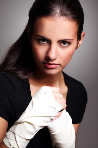 Portrait, femme, boxeur