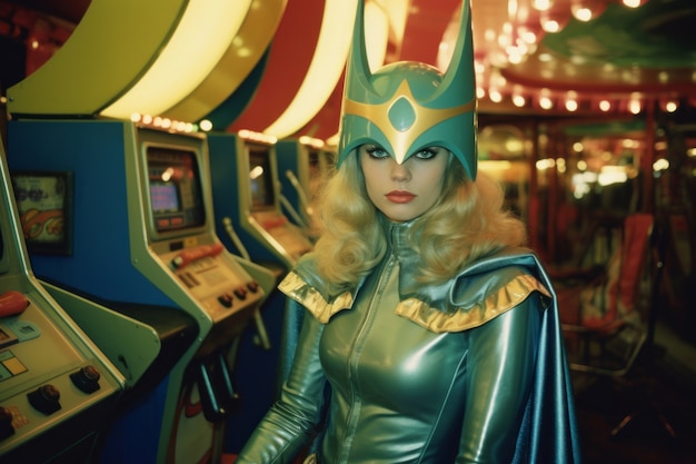 Portrait de femme avec costume de super-héros au casino