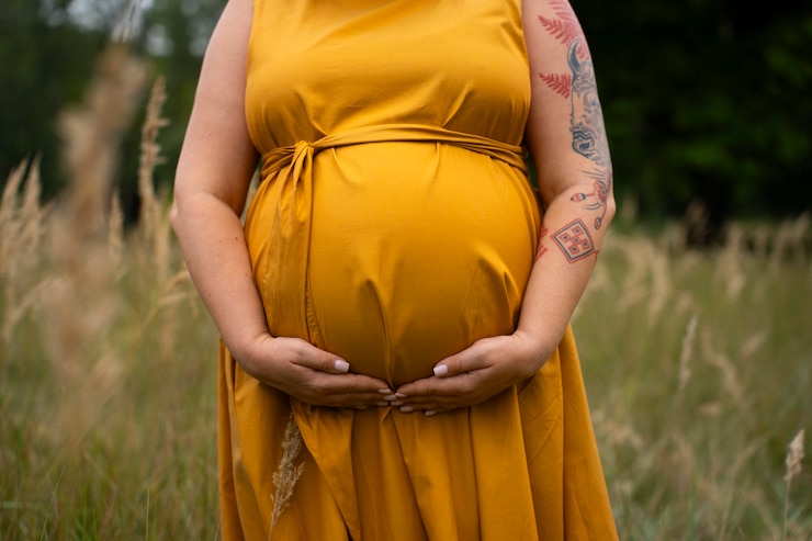 Photo gratuit portrait d'une femme enceinte de taille plus grande