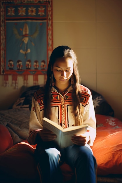 Portrait d'une femme indigène avec un livre