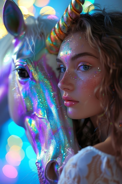 Photo gratuite portrait d'une femme avec une licorne