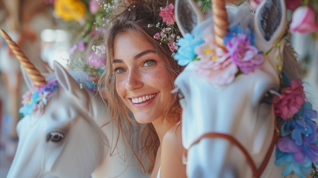 Photo gratuite portrait d'une femme avec une licorne