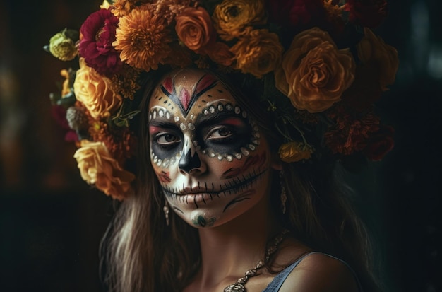 Photo gratuite portrait d'une femme avec un maquillage de crâne de sucre sur fond sombre costume d'halloween et maquillage portra