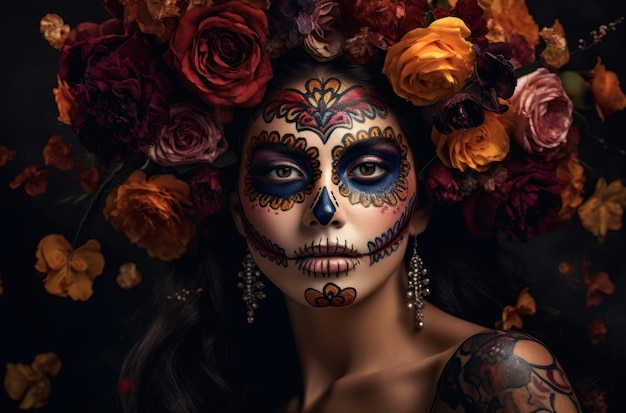 Photo gratuite portrait d'une femme avec un maquillage de crâne de sucre sur fond sombre costume d'halloween et maquillage portra