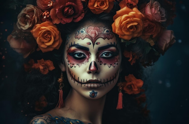 Portrait d'une femme avec un maquillage de crâne de sucre sur fond sombre costume d'halloween et maquillage portra