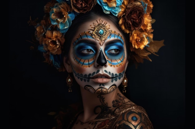 Photo gratuite portrait d'une femme avec un maquillage de crâne de sucre sur fond sombre costume d'halloween et maquillage portra