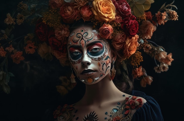 Portrait d'une femme avec un maquillage de crâne de sucre sur fond sombre costume d'halloween et maquillage portra