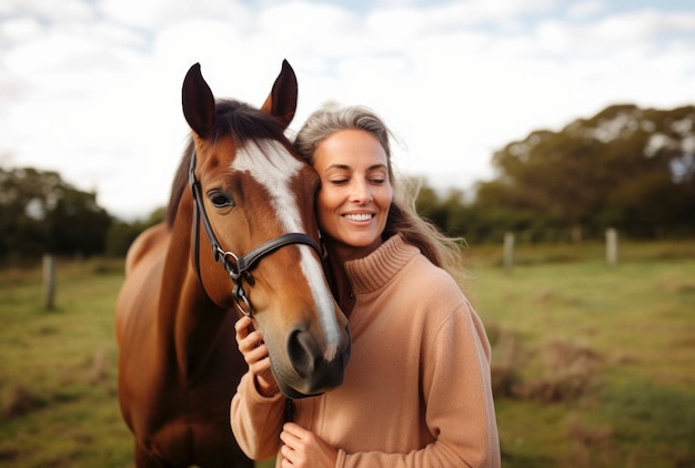 Photo gratuite portrait d'une femme qui s'occupe de son cheval