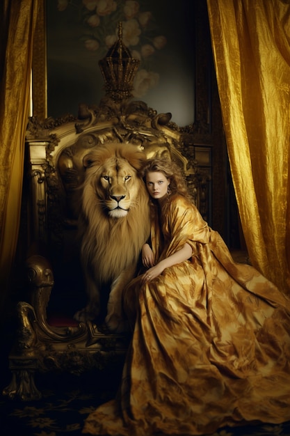 Portrait d'une femme représentant le signe du zodiaque du lion avec un vrai lion