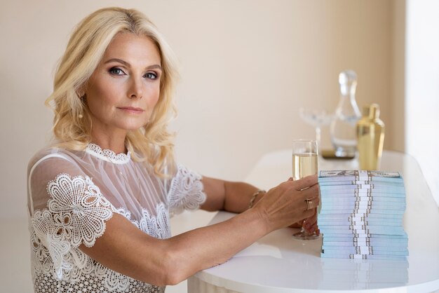 Portrait d'une femme riche blonde d'âge moyen avec un verre de champagne et des billets