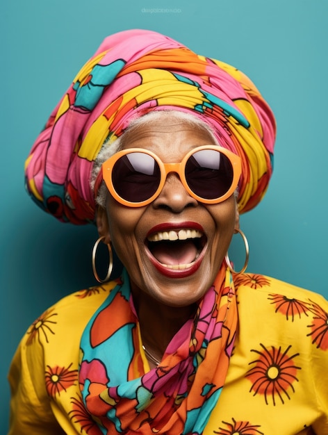 Portrait de femme senior souriante avec des lunettes de soleil