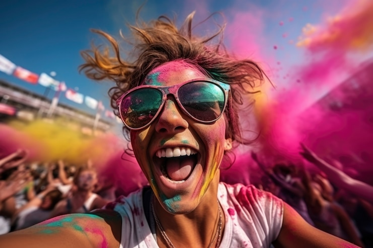 Photo gratuit portrait de femme souriante au festival holi avec de la poudre colorée
