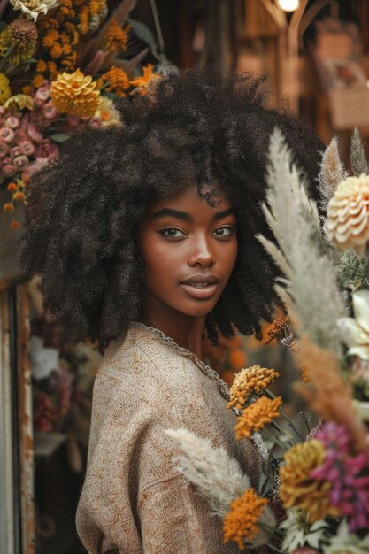 Portrait d'une femme travaillant dans un magasin de fleurs séchées