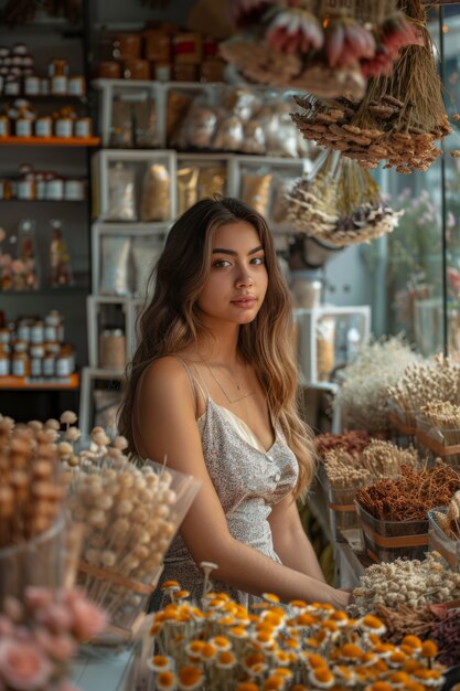 Portrait d'une femme travaillant dans un magasin de fleurs séchées