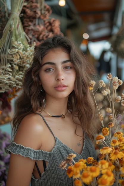 Portrait d'une femme travaillant dans un magasin de fleurs séchées